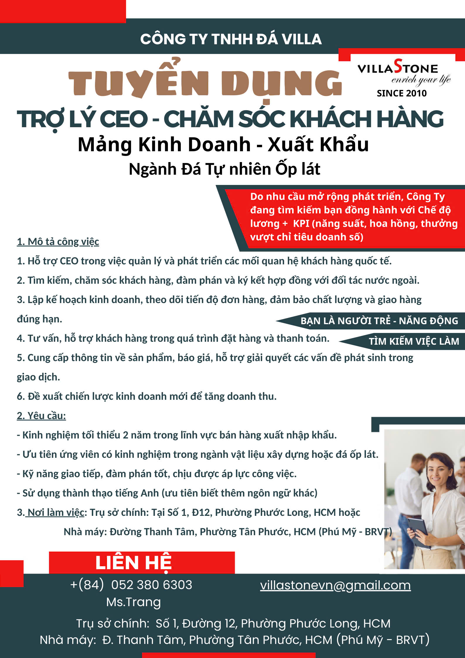 TRỢ LÝ CEO - PHỤ TRÁCH CHĂM SÓC KHÁCH HÀNG QUỐC TẾ