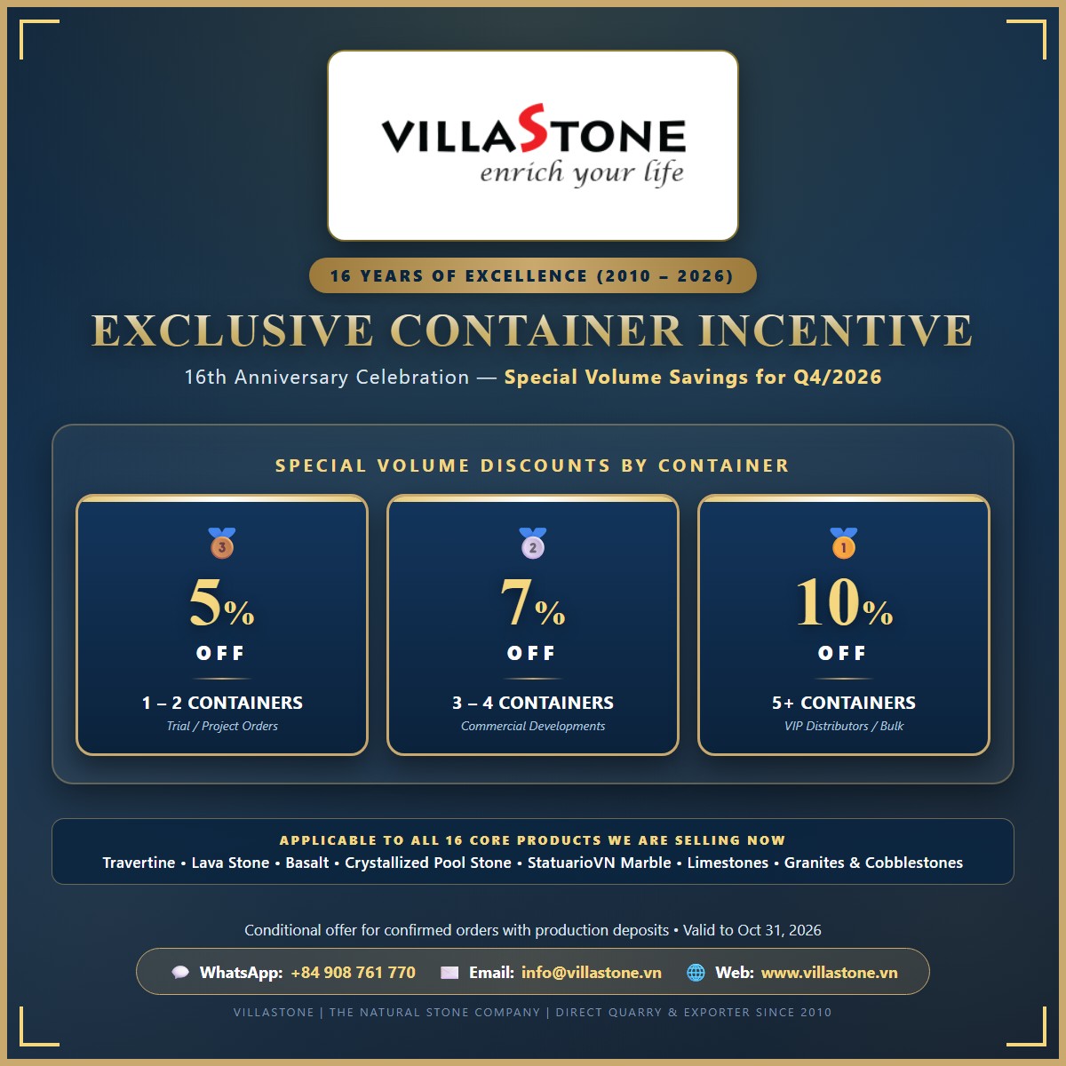 VillaStone 16th Anniversary Container Discount Program (1:1 Ratio)